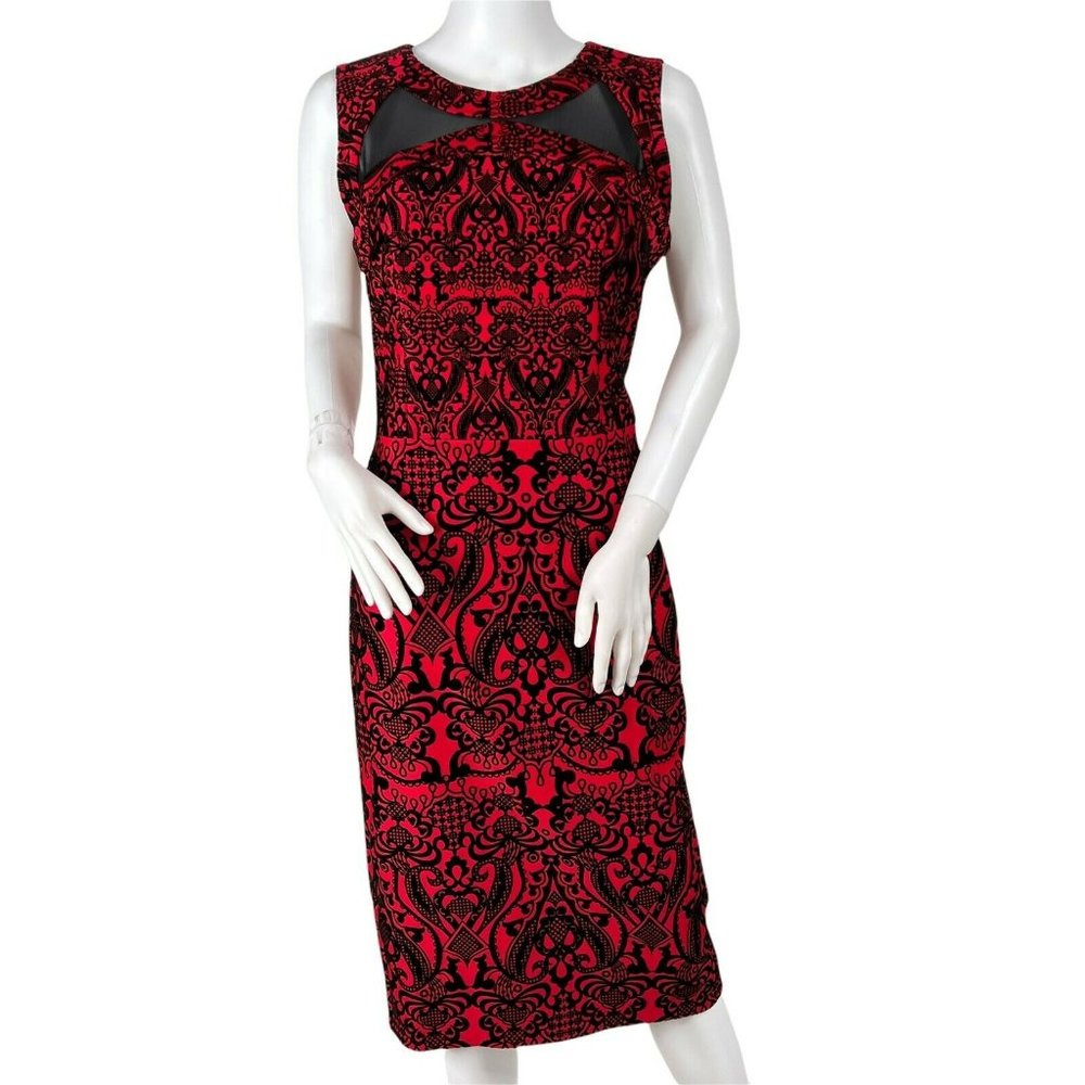 Indication Red Black Velvet Mesh Cut Out Sleeveless Lined Sheath Dress Size 6
